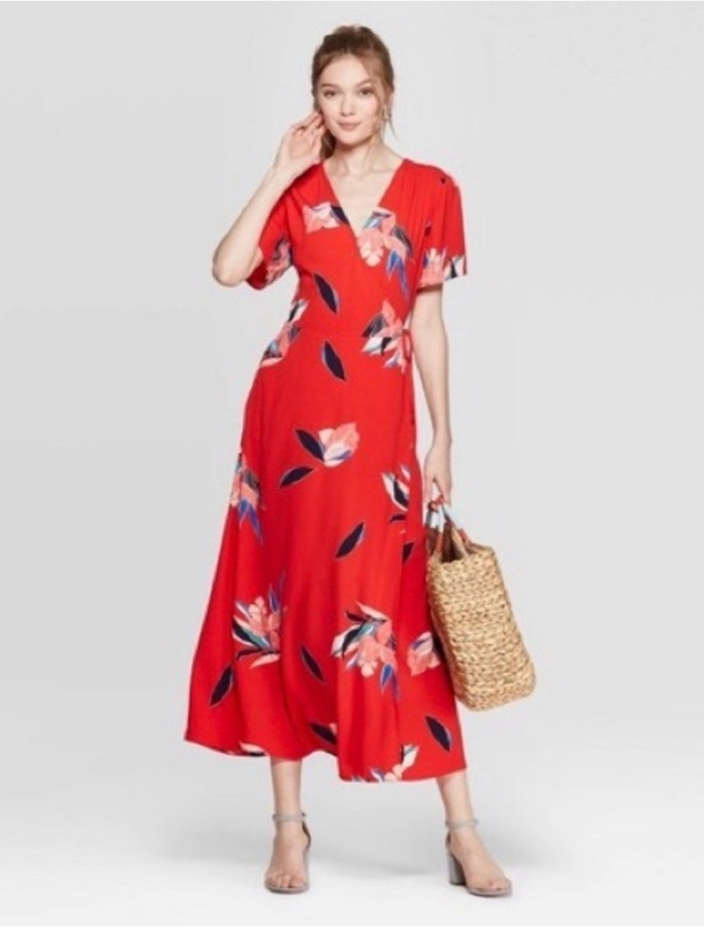 A new day Red Floral flutter sleeve Maxi wrap Dress small